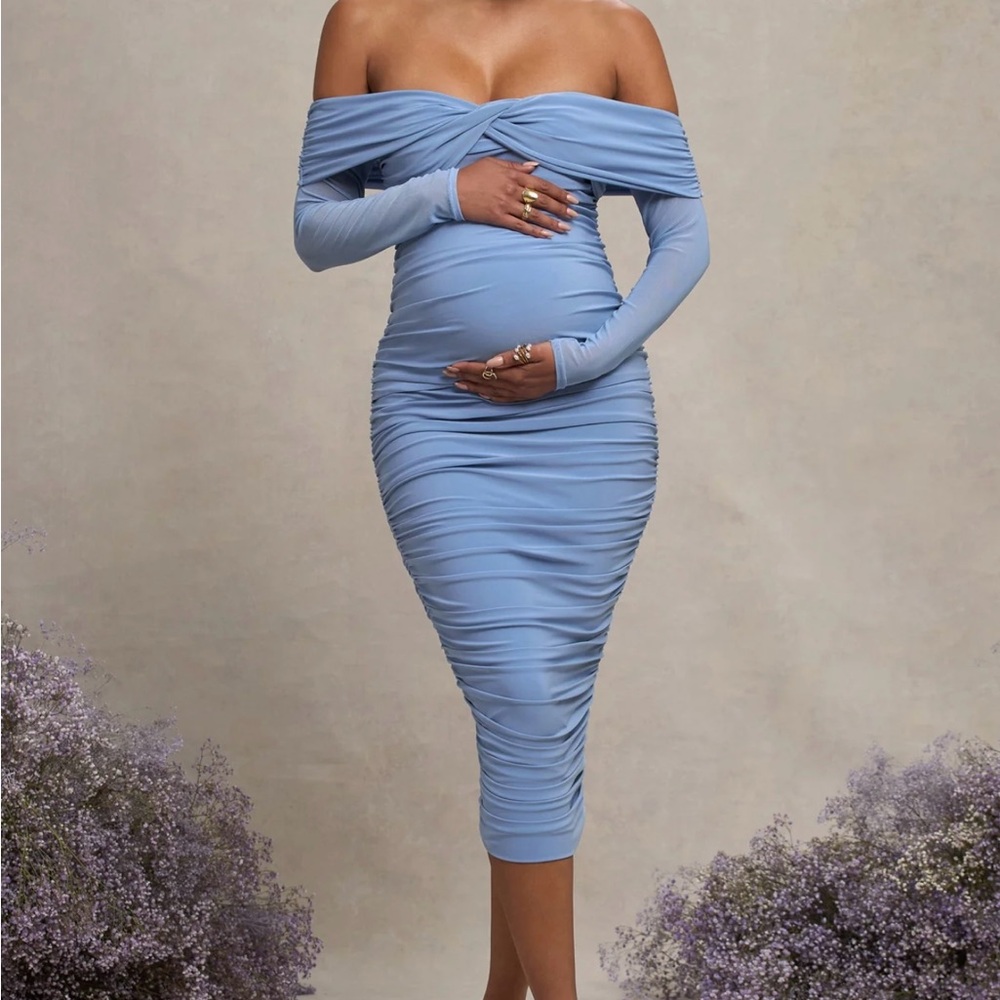 Elegant Off-Shoulder Blue Maternity Dress